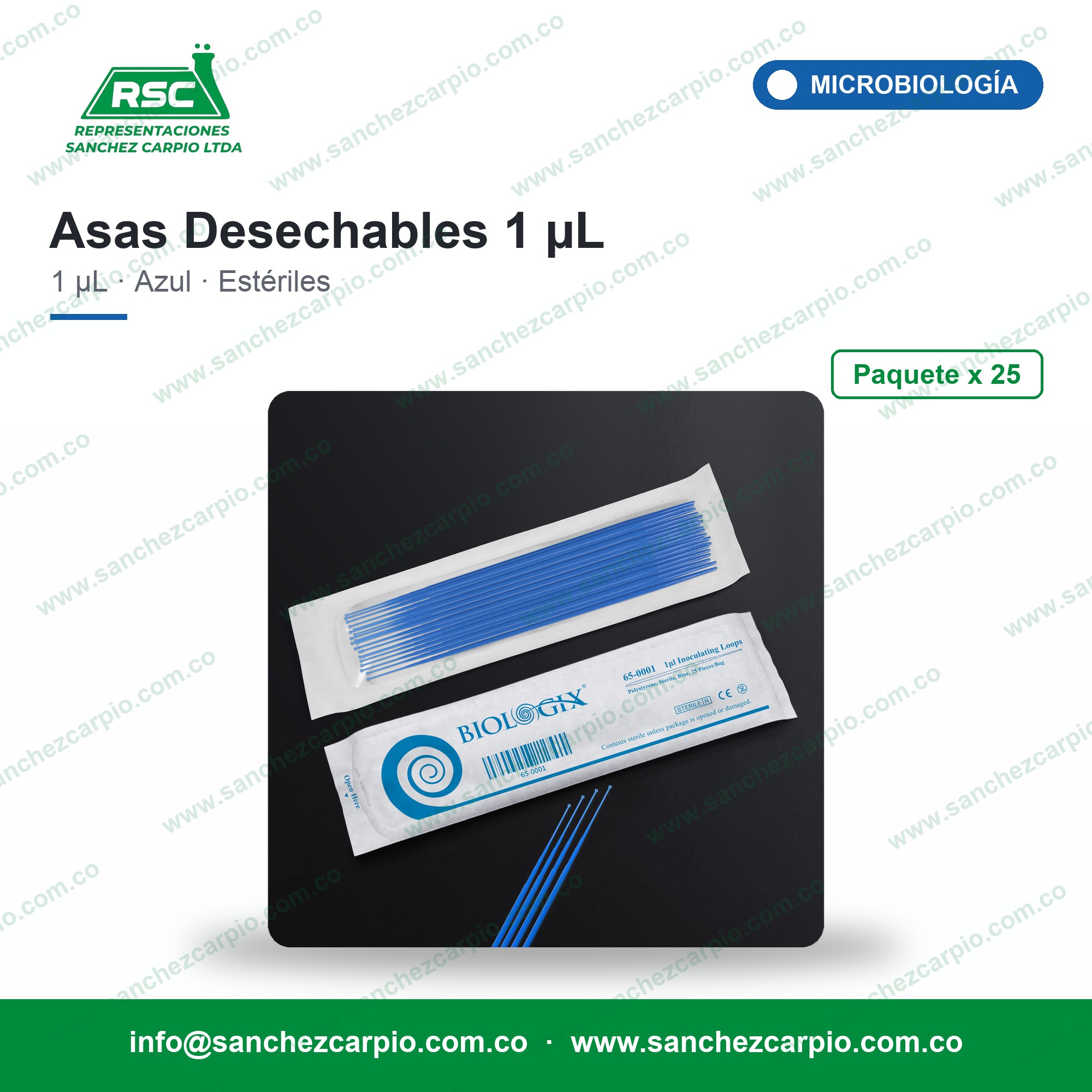 Asas Desechables Estériles 1 µL Color Azul Paquete x 25 - Biologix - Sánchez Carpio