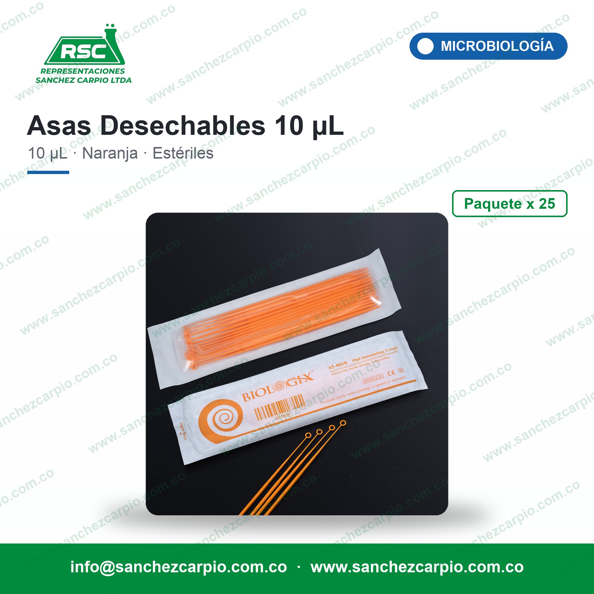 Asas Desechables Estériles 10 µL Color Naranja Paquete x 25 - Biologix - Sánchez Carpio