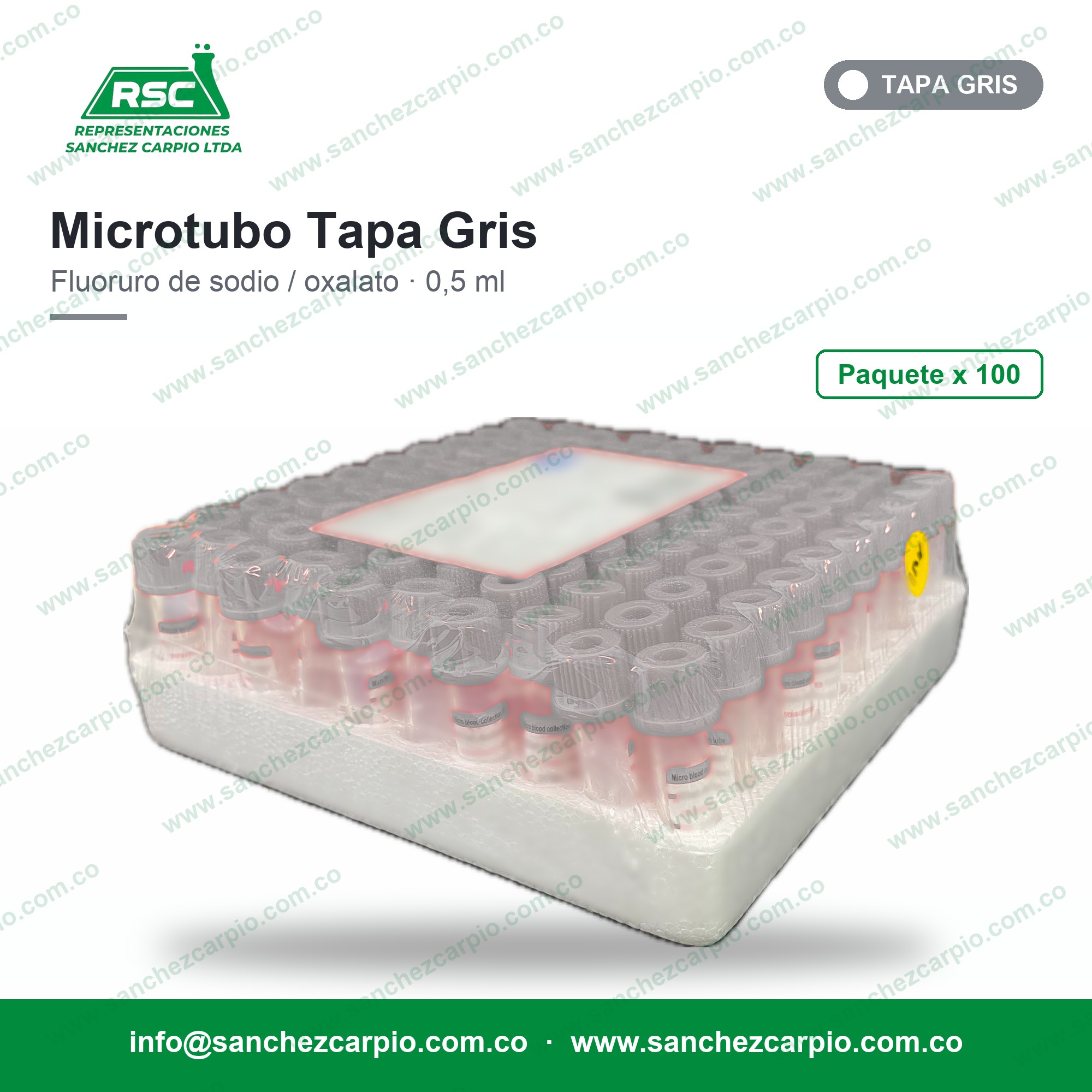 Microtubo tapa gris fluoruro de sodio / oxalato 0,5 ml paquete x 100 - Sánchez Carpio