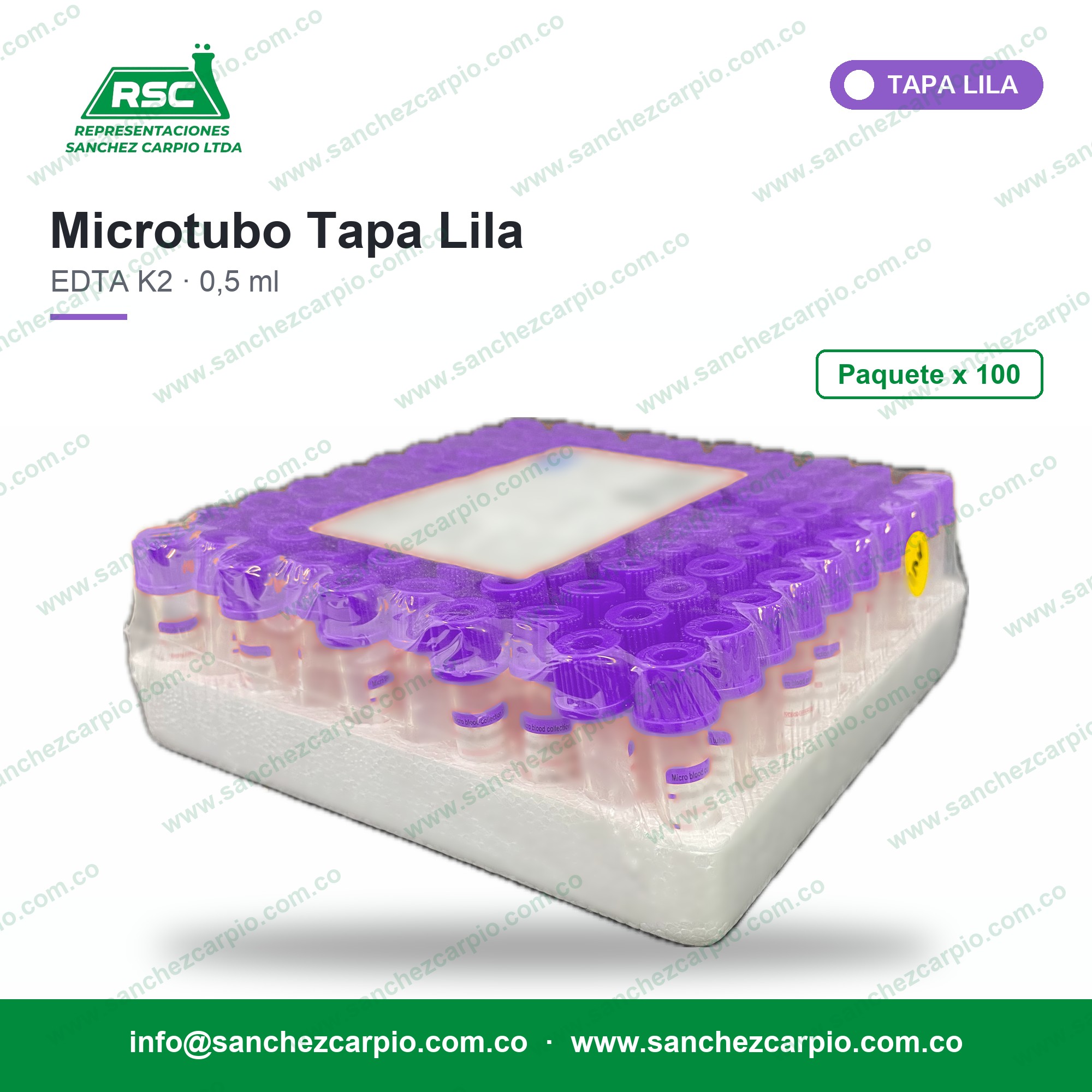 Microtubo tapa lila EDTA K2 0,5 ml paquete x 100 - Sánchez Carpio