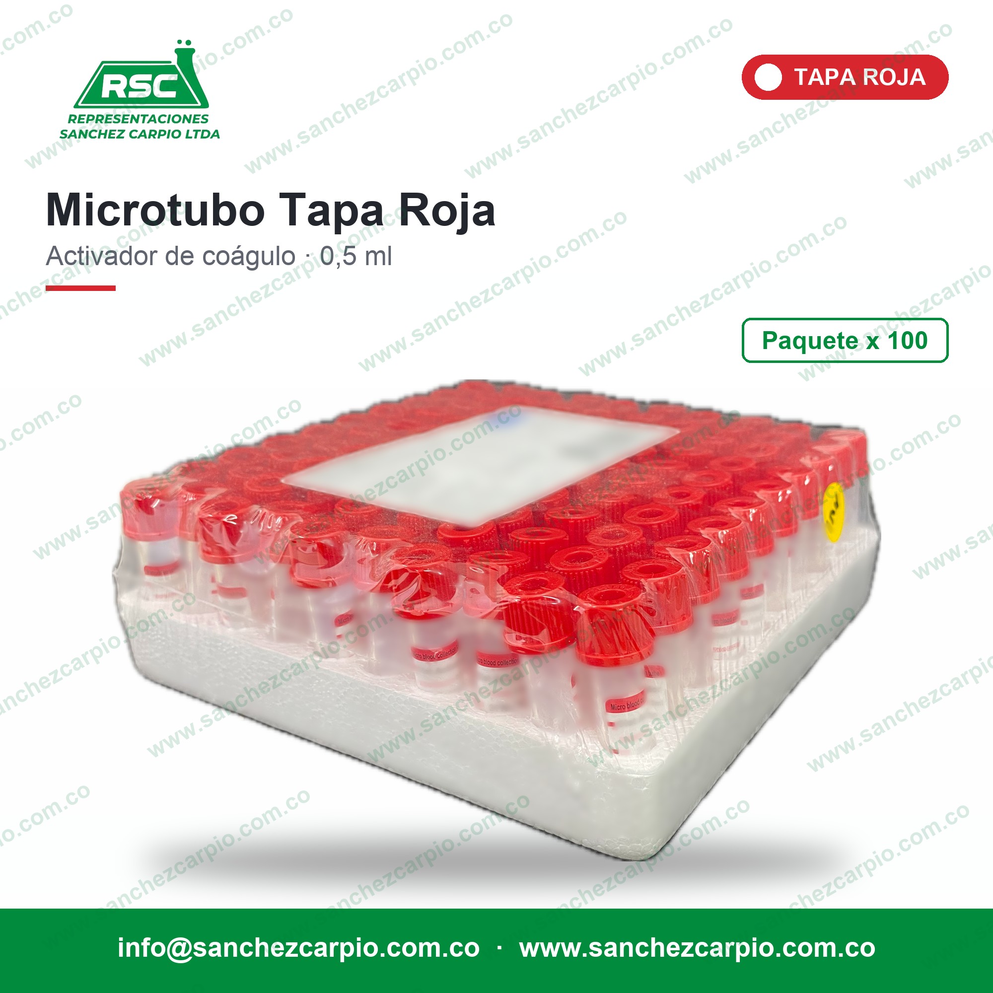 Microtubo tapa roja activador de coágulo 0,5 ml paquete x 100 - Sánchez Carpio