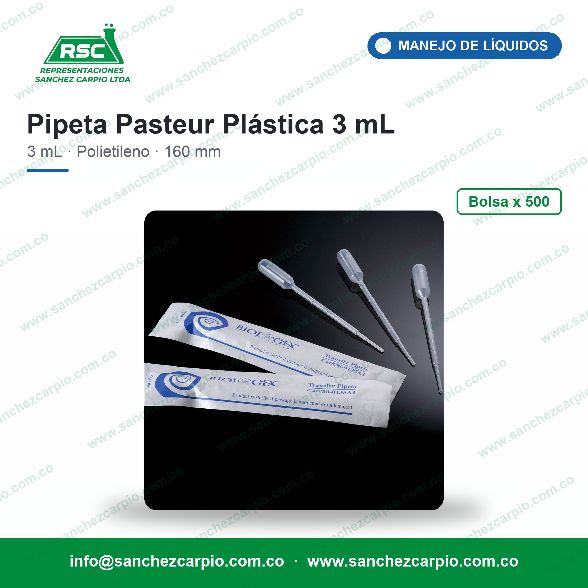 Pipeta Pasteur Plástica de Transferencia Graduada 3 mL Bolsa x 500 - Biologix - Sánchez Carpio