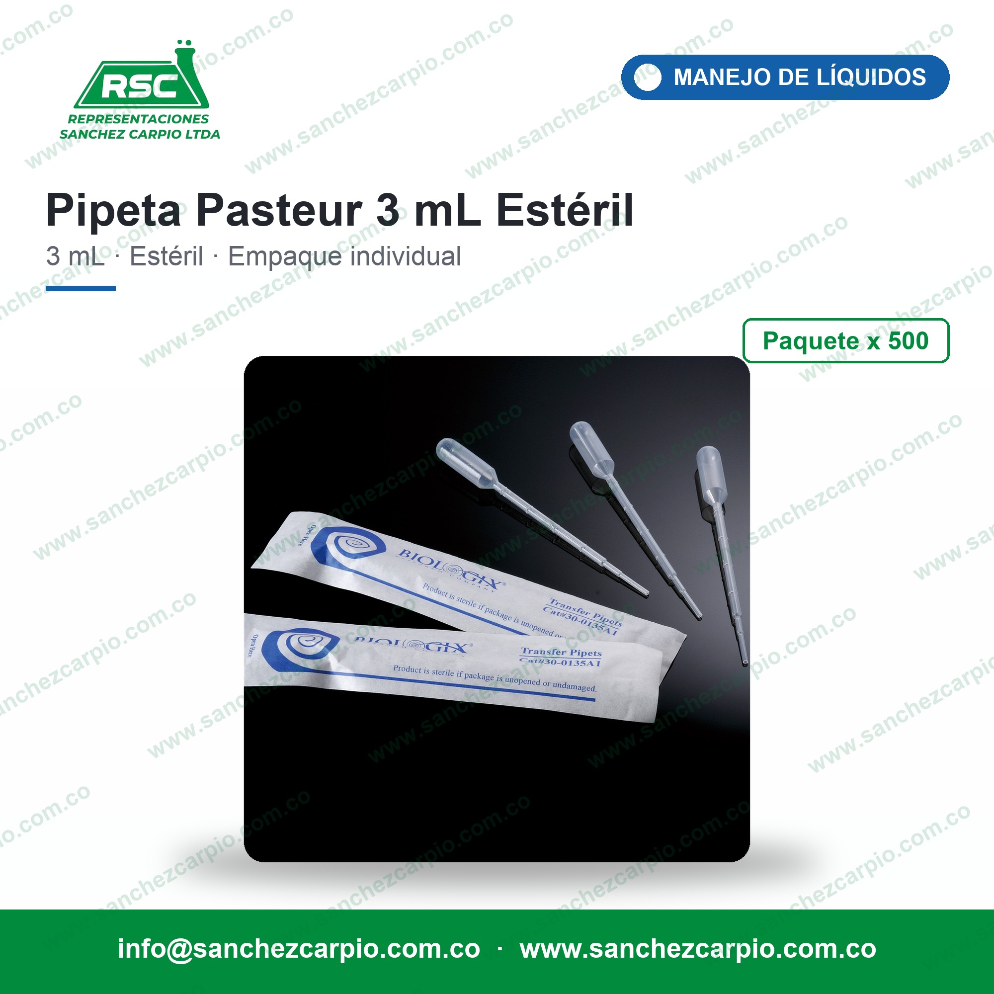Pipeta Pasteur Plástica de Transferencia Graduada 3 mL Estéril Empaque Individual Paquete x 500 - Biologix - Sánchez Carpio