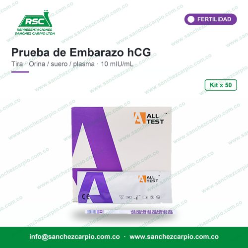 Prueba de Embarazo hCG en Tira Alta Sensibilidad (Orina/Suero/Plasma) Kit x 50 - All Test - Sánchez Carpio