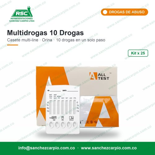 Prueba Rápida Multidrogas 10 Drogas en Casete Multi-line (Orina) Kit x 25 - All Test - Sánchez Carpio