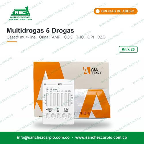Prueba Rápida Multidrogas 5 Drogas en Casete Multi-line (Orina) Kit x 25 - All Test - Sánchez Carpio