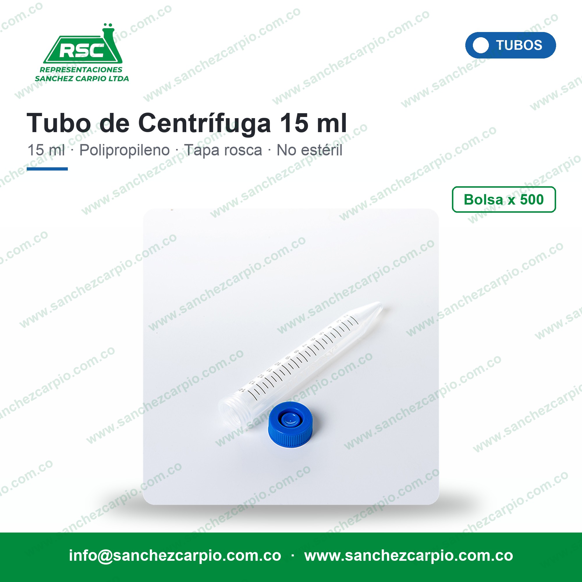 Tubo de Centrífuga Cónico 15 ml en Polipropileno con Tapa Rosca Bolsa x 500 - Biologix - Sánchez Carpio