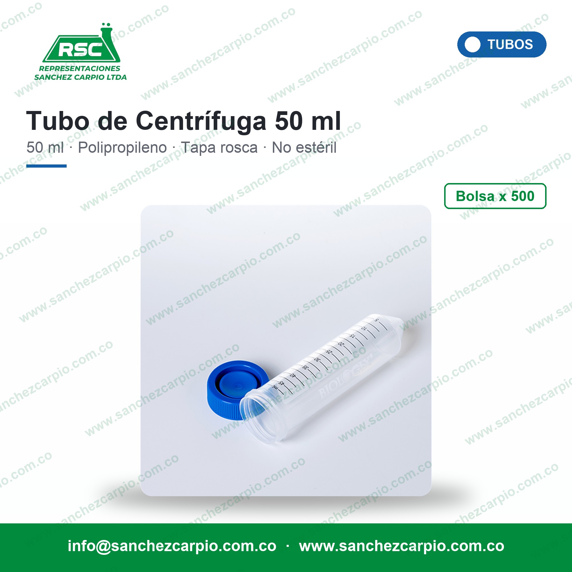 Tubo de Centrífuga Cónico 50 ml en Polipropileno con Tapa Rosca Bolsa x 500 - Biologix - Sánchez Carpio