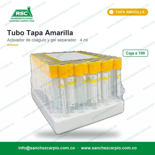 Tubo tapa amarilla activador de coágulo y gel separador 4 ml caja x 100 - Sánchez Carpio