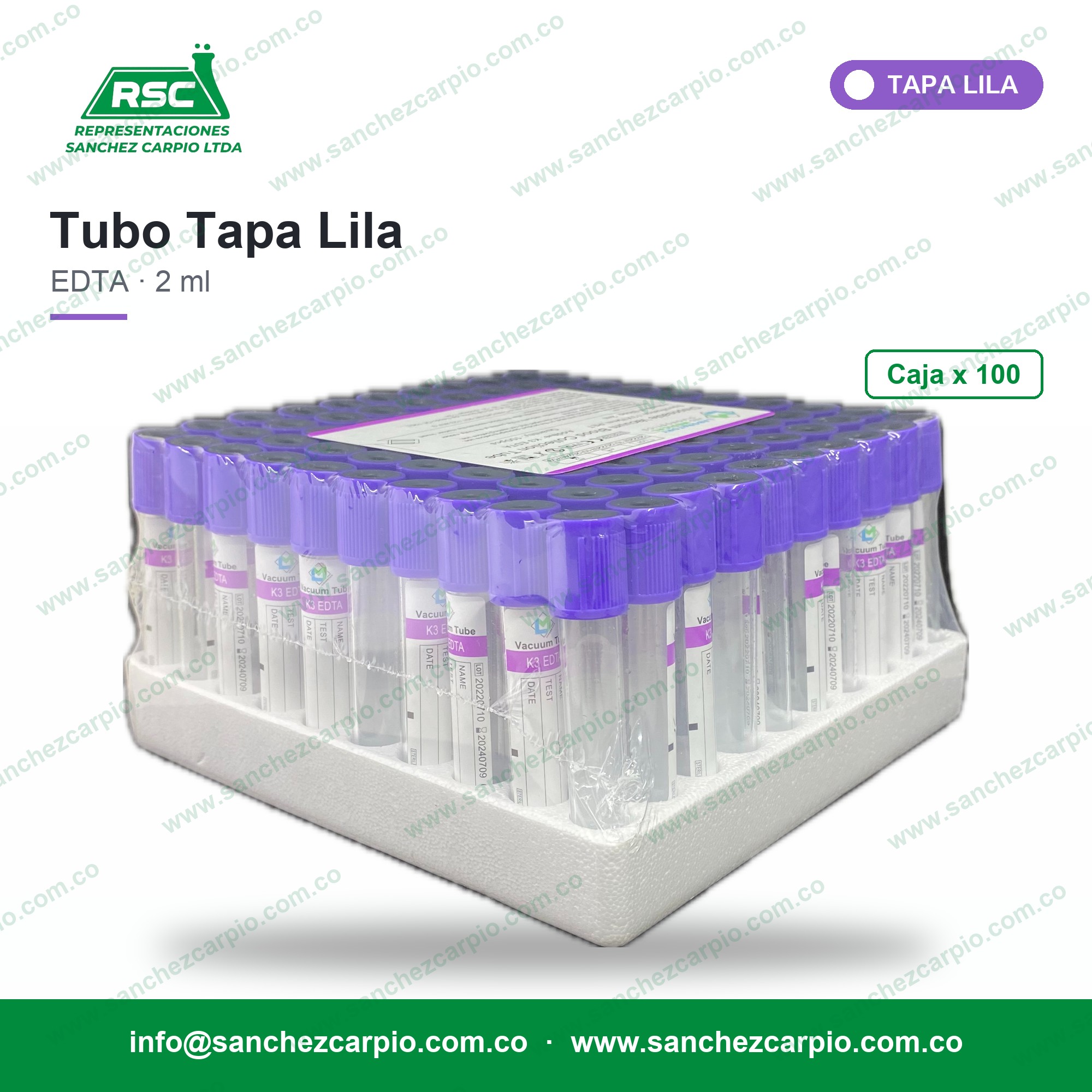Tubo tapa lila EDTA 2 ml caja x 100 - Sánchez Carpio