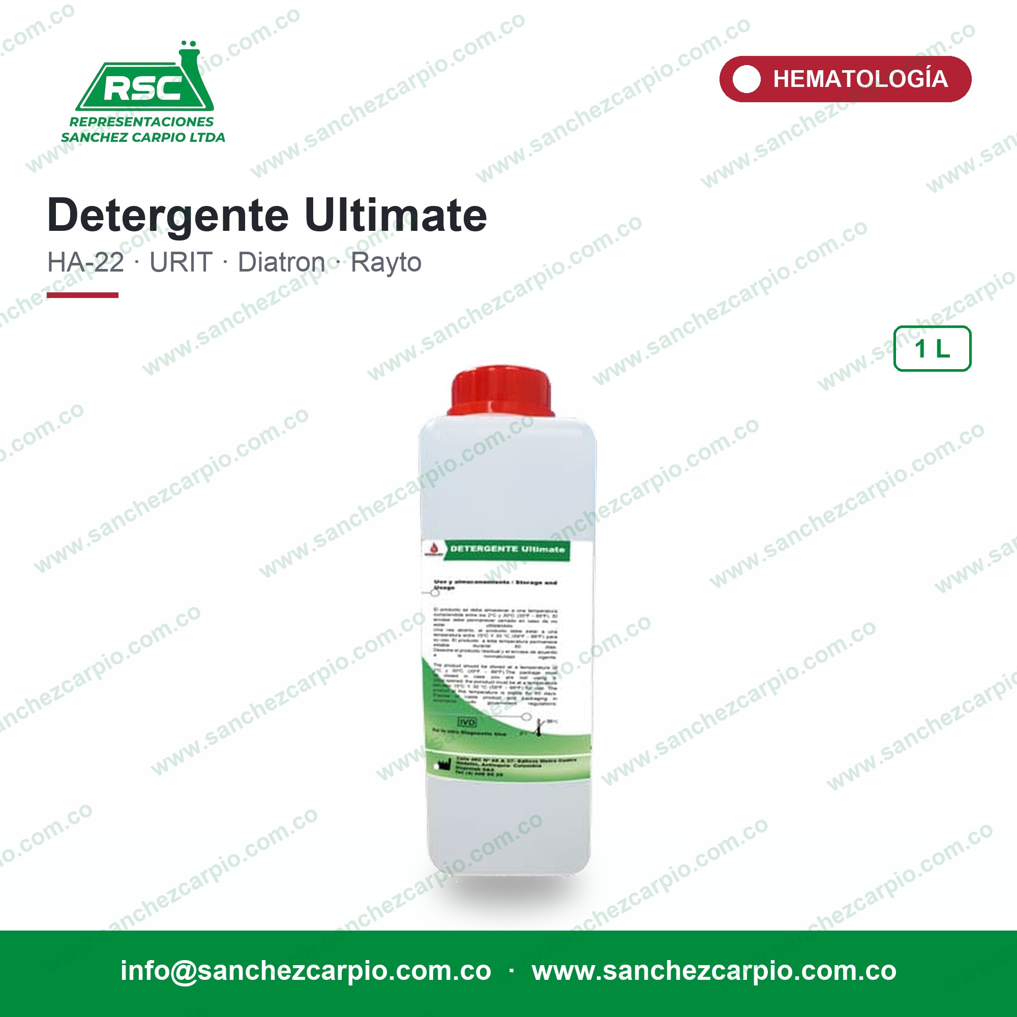 Detergente para Analizador Hematológico HA-22 Touch, URIT, Diatron y Rayto x 1 L - Ultimate - Sánchez Carpio