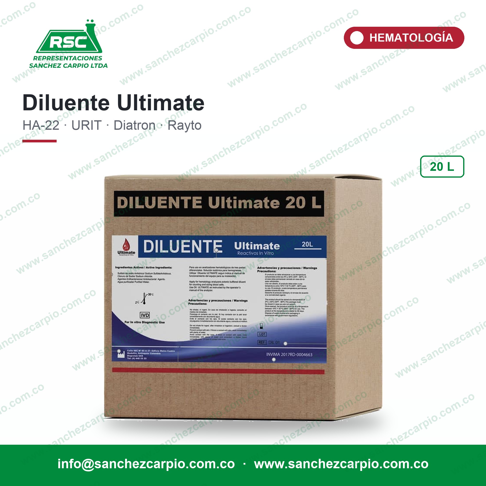 Diluente para Analizador Hematológico HA-22 Touch, URIT, Diatron y Rayto x 20 L - Ultimate - Sánchez Carpio