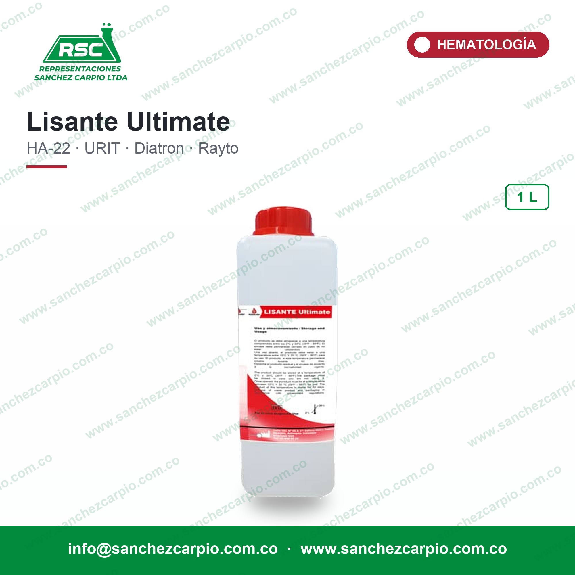 Lisante para Analizador Hematológico HA-22 Touch, URIT, Diatron y Rayto x 1 L - Ultimate - Sánchez Carpio
