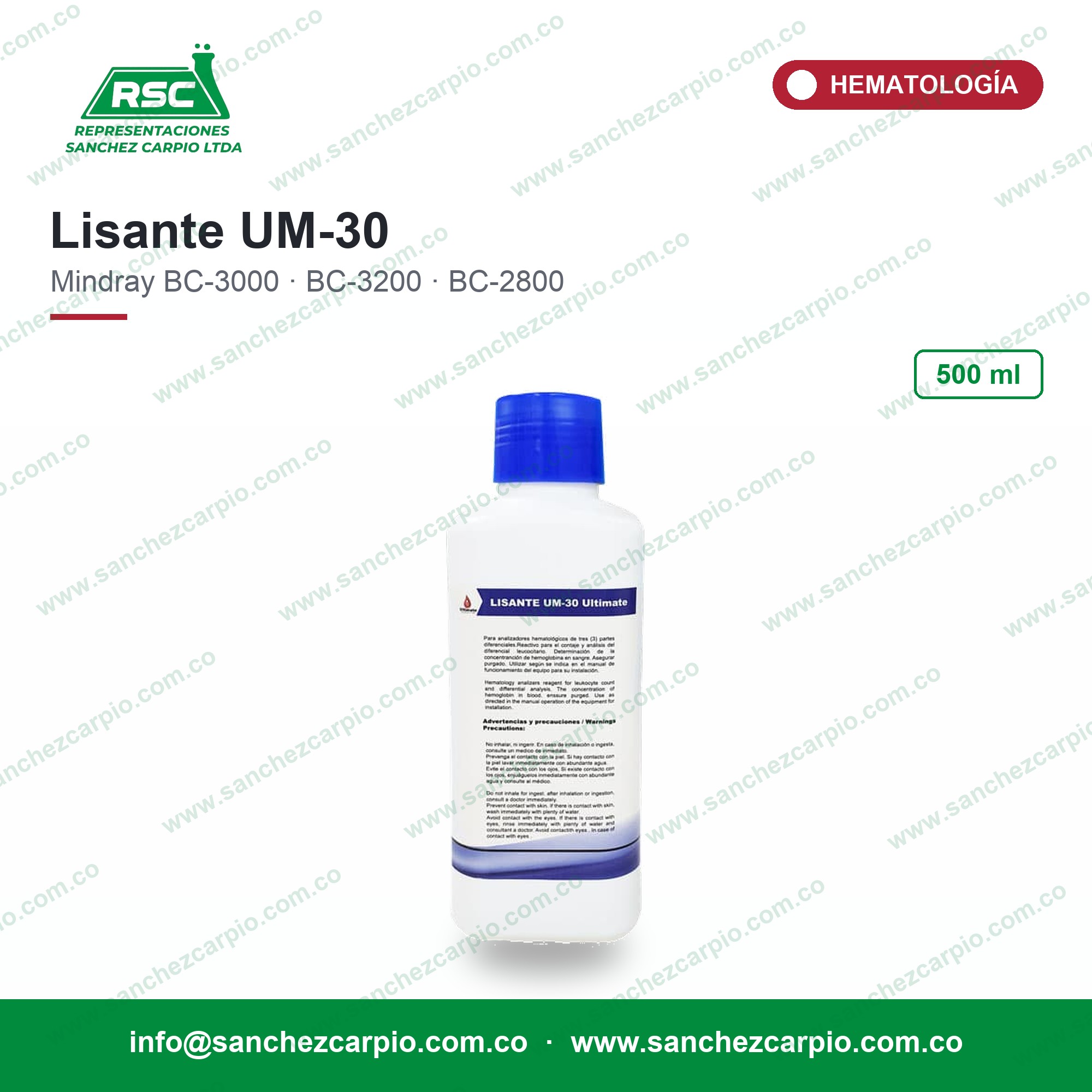 Lisante UM-30 para Mindray BC-3000, BC-3200, BC-2800 y Similares x 500 ml - Ultimate - Sánchez Carpio